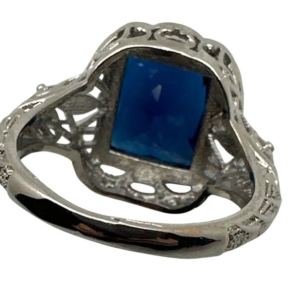 Blue Tanzanite Ring Size 7.75 Intricate Filigree Silver Plating Timeless Glam - Picture 5 of 7